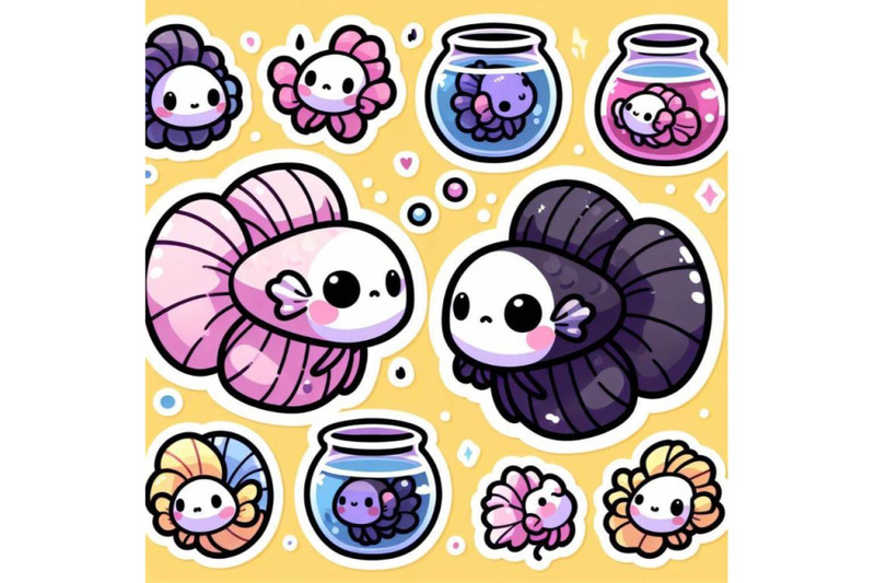 four-simple-stickers-with-cute-betta-fish-with-white-backgrounds