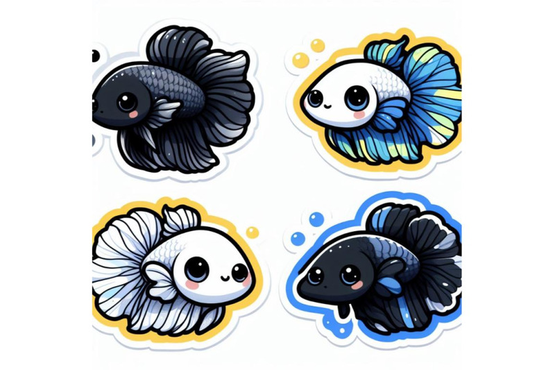four-simple-stickers-with-cute-betta-fish-with-white-backgrounds