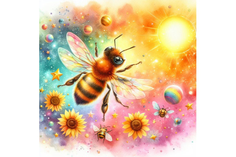 four-watercolor-illustration-of-honey-bee-flying-with-joy-colorful-ba