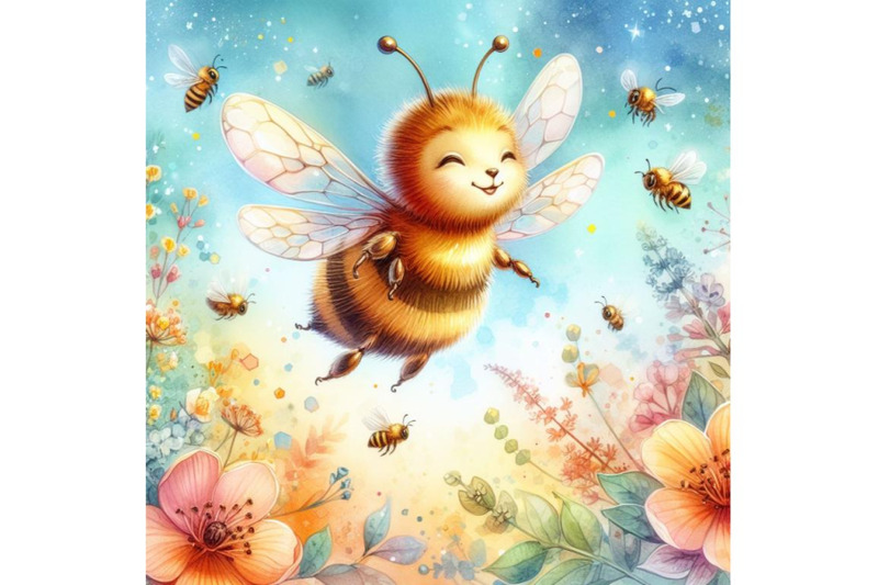 four-watercolor-illustration-of-honey-bee-flying-with-joy-colorful-ba