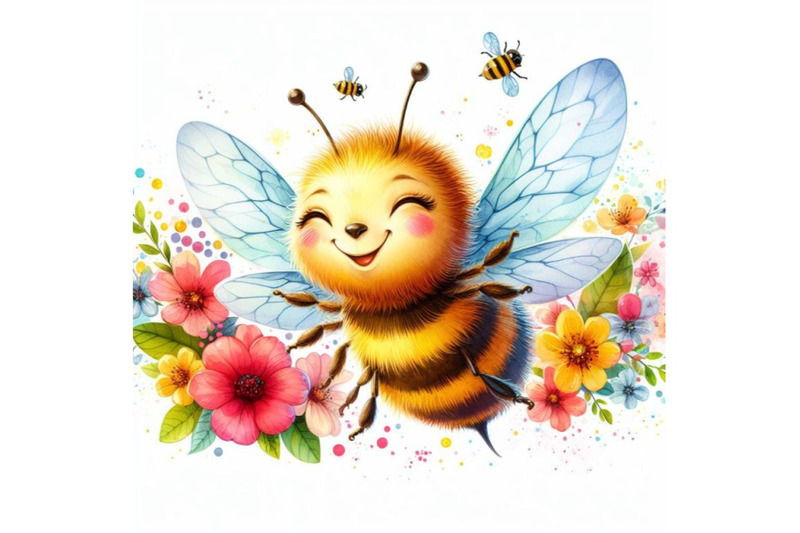 four-watercolor-illustration-of-honey-bee-flying-with-joy-colorful-ba