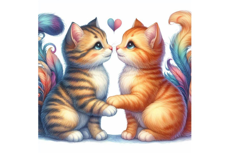 four-watercolor-isolated-two-cats-in-love-on-white-background-colorful