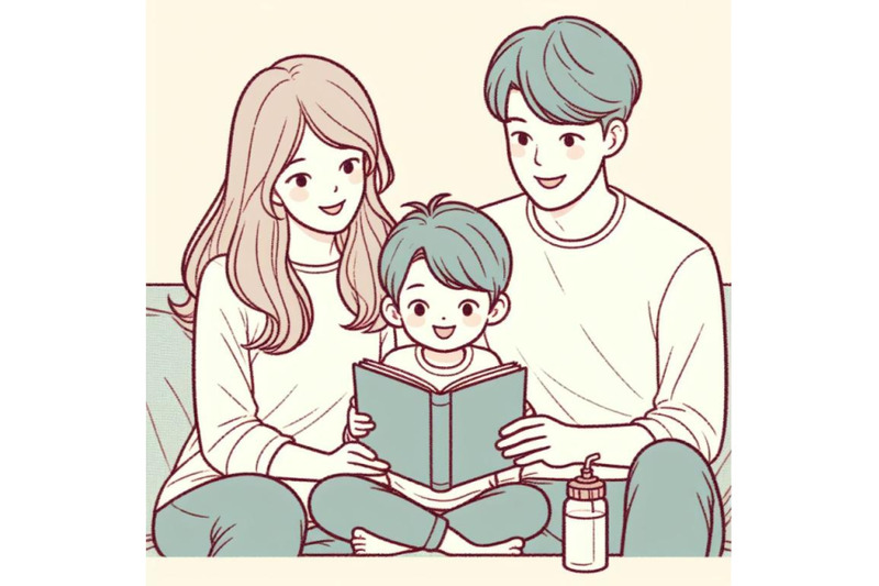 4-cartoon-mother-father-and-son-reading-a-book-together