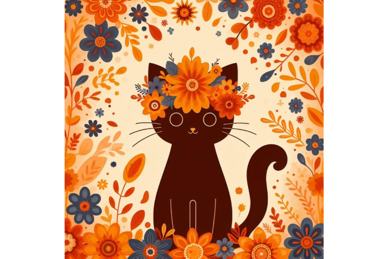 4-set-of-a-cute-orange-cat-with-flowers-on-his-head-standing