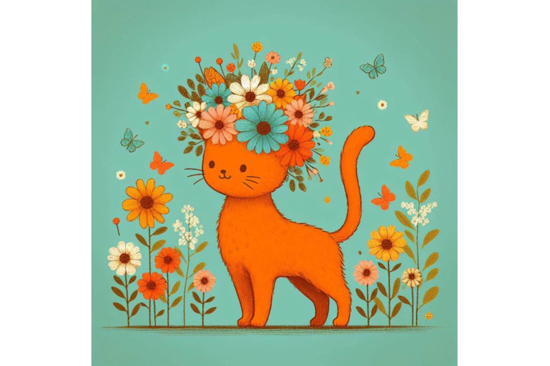 4-set-of-a-cute-orange-cat-with-flowers-on-his-head-standing