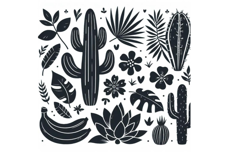 4-cute-tropcal-set-with-bananas-cacti-and-leaves-isolated-on-white-b