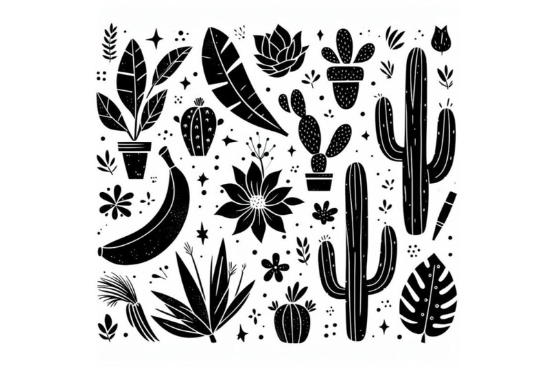 4-cute-tropcal-set-with-bananas-cacti-and-leaves-isolated-on-white-b