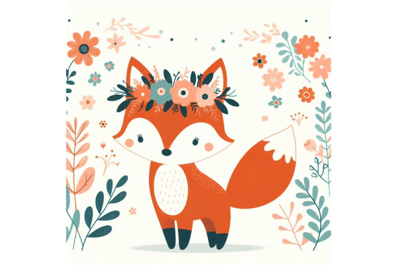 4-set-of-a-cute-orange-fox-with-flowers-on-his-head-standing