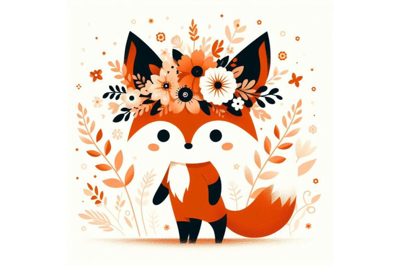 4-set-of-a-cute-orange-fox-with-flowers-on-his-head-standing