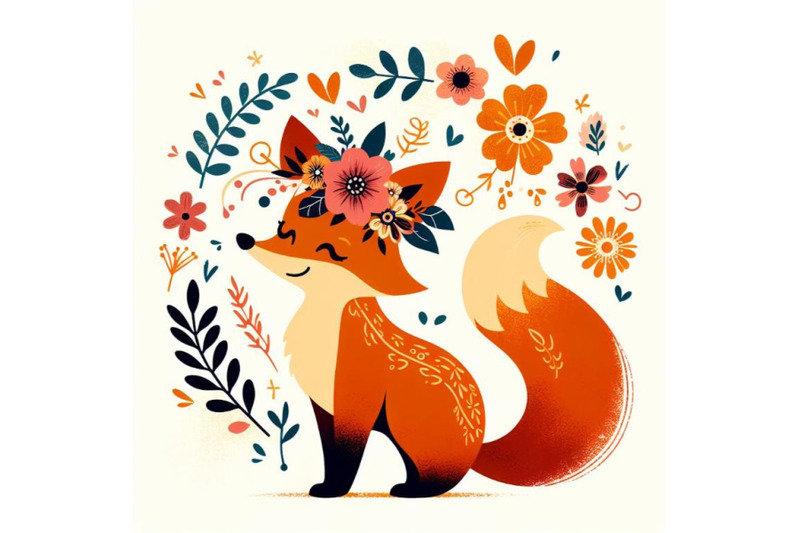 4-set-of-a-cute-orange-fox-with-flowers-on-his-head-standing