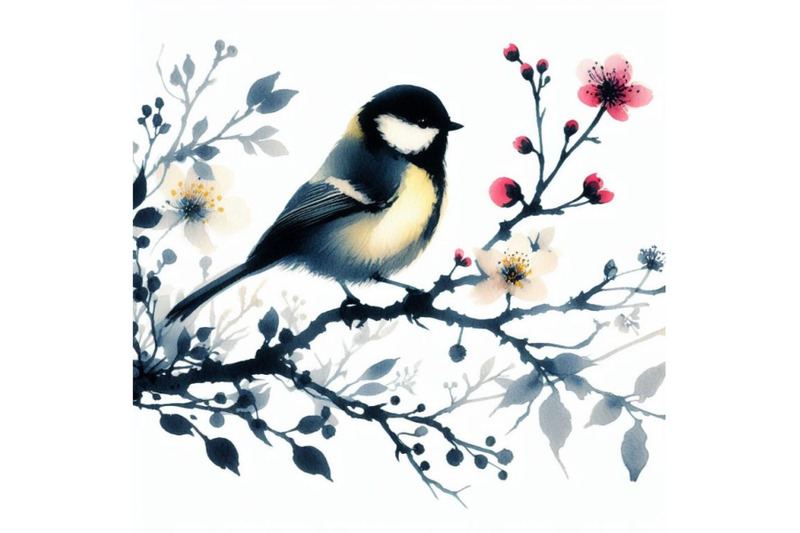 4-hand-painted-watercolor-tit-bird-on-the-branch-on-white-background
