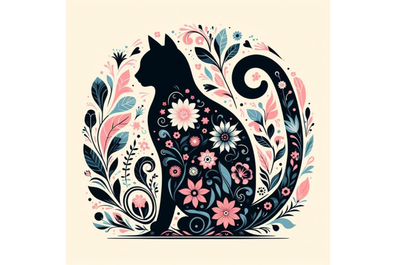 4-set-of-beautiful-black-cat-silhouette-with-flowers-flat