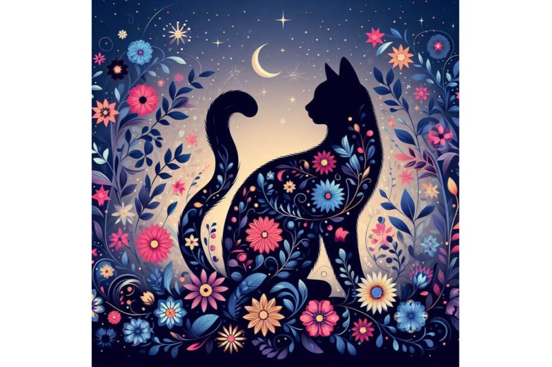 4-set-of-beautiful-black-cat-silhouette-with-flowers-flat