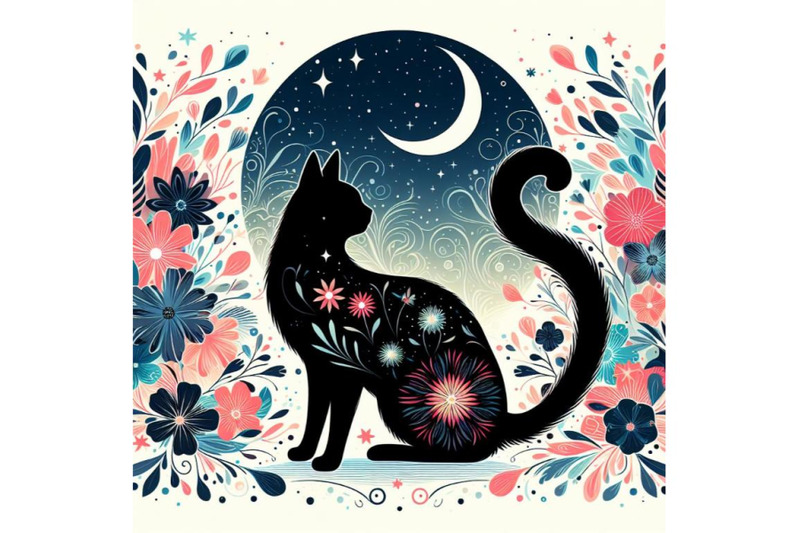 4-set-of-beautiful-black-cat-silhouette-with-flowers-flat