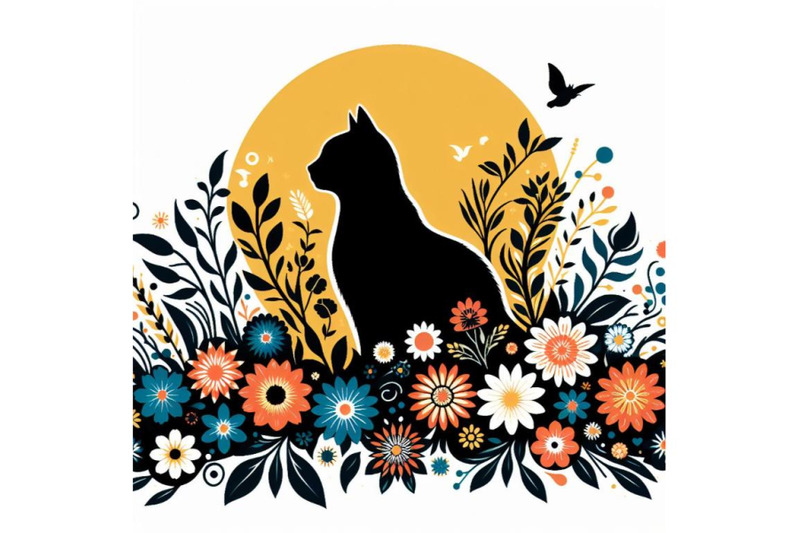 4-set-of-beautiful-black-cat-silhouette-with-flowers-flat