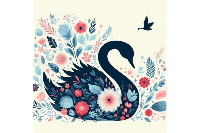 4-set-of-beautiful-swan-silhouette-with-flowers-flat