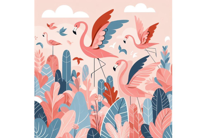 4-set-of-cartoon-flat-cute-flamingo-birds-summer-art-print