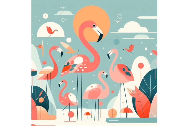 4-set-of-cartoon-flat-cute-flamingo-birds-summer-art-print