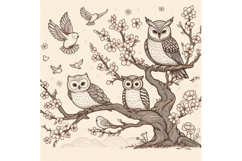 4-blooming-tree-and-branches-with-sitting-owls-and-birds