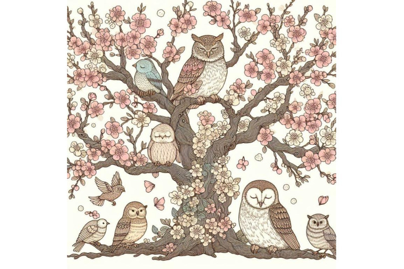 4-blooming-tree-and-branches-with-sitting-owls-and-birds