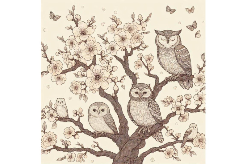 4-blooming-tree-and-branches-with-sitting-owls-and-birds