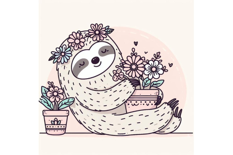 4-cute-sloth-with-a-pot-of-flowers