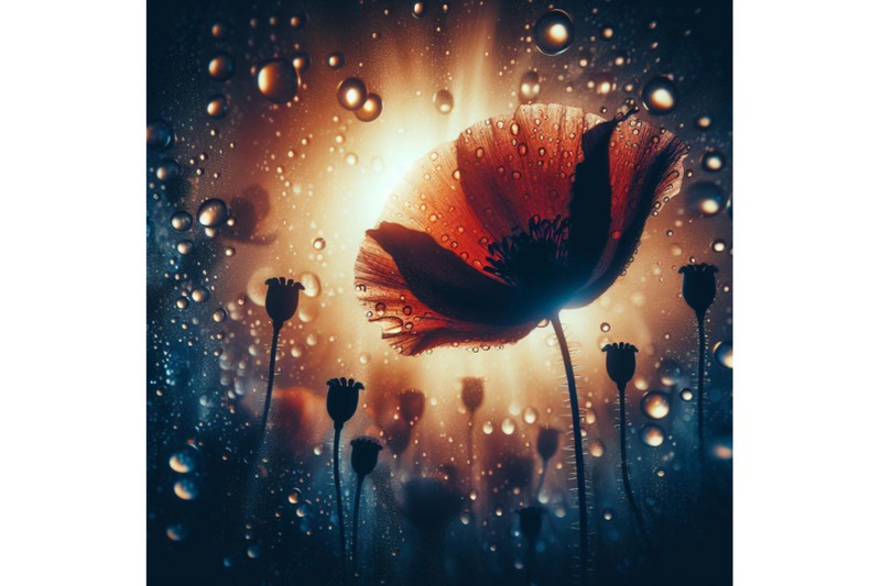 4-set-of-digital-art-of-a-beautiful-poppy-flower-with-waterdrops