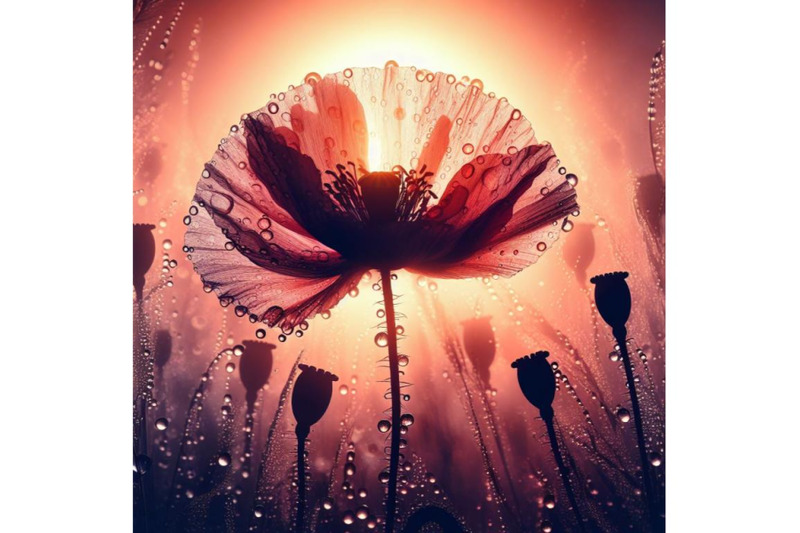 4-set-of-digital-art-of-a-beautiful-poppy-flower-with-waterdrops