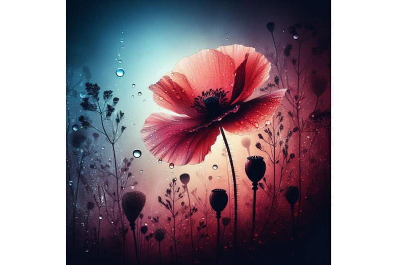 4-set-of-digital-art-of-a-beautiful-poppy-flower-with-waterdrops