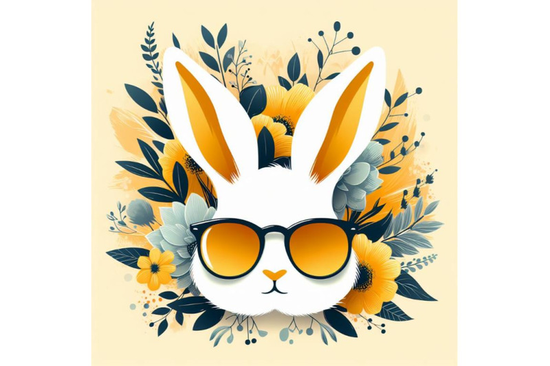 4-set-of-digital-art-of-a-cute-white-bunny-head-with-yellow-sunglasses