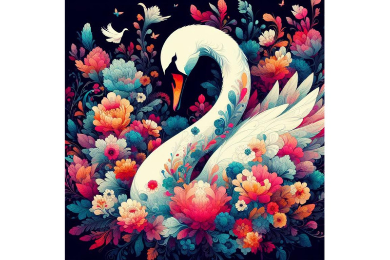 4-set-of-digital-art-of-an-elegant-white-swan-in-vibrant-array-of-flow