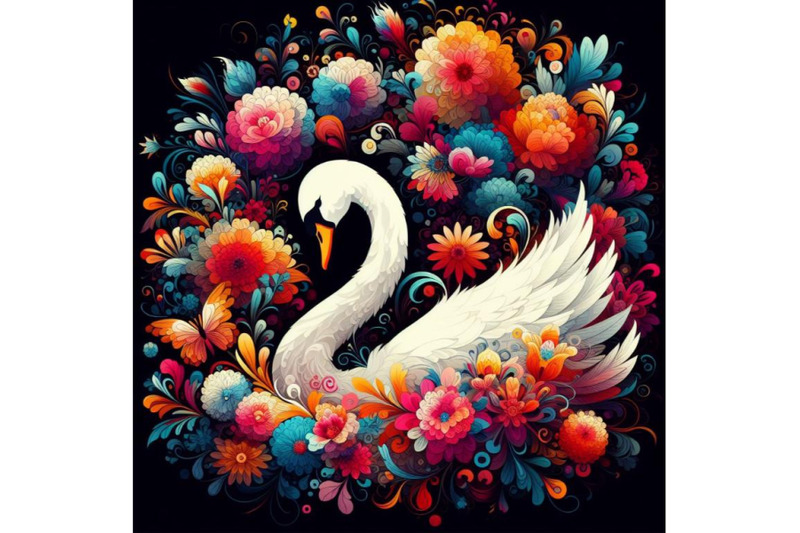 4-set-of-digital-art-of-an-elegant-white-swan-in-vibrant-array-of-flow