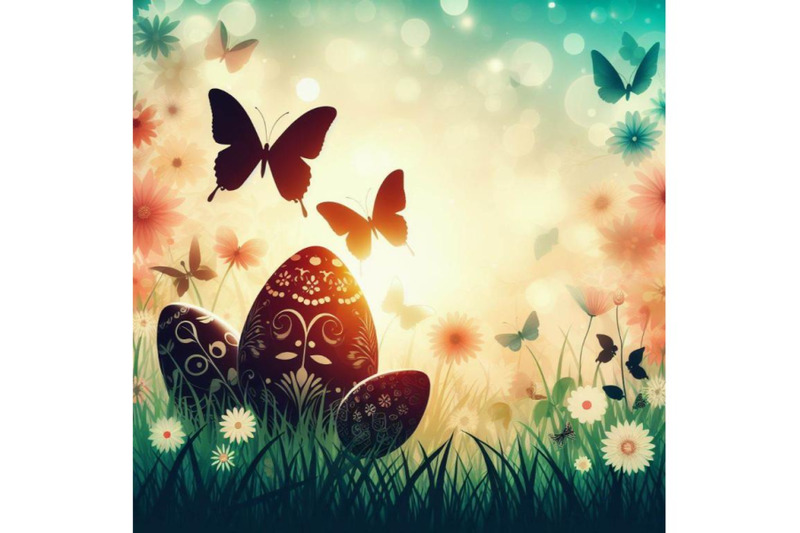 4-set-of-easter-day-eggs-in-green-grass-with-white-flowers-butterflies