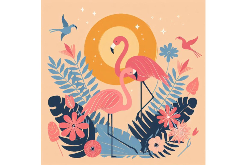 4-set-of-flat-cute-flamingo-birds-summer-art-print