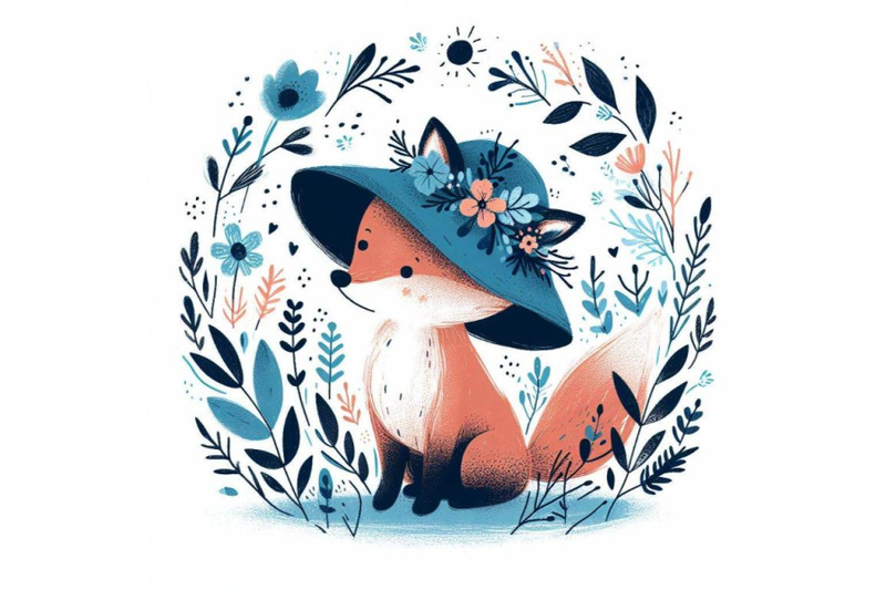 4-set-of-hand-drawn-cute-little-fox-in-blue-hat-style