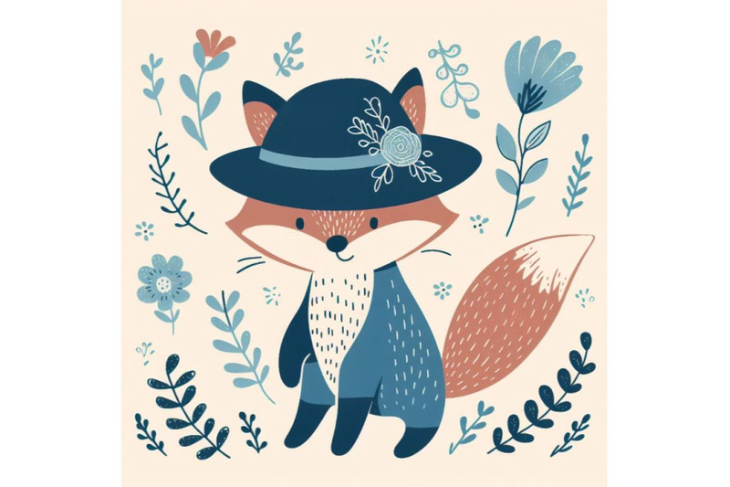 4-set-of-hand-drawn-cute-little-fox-in-blue-hat-style