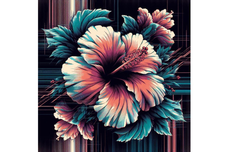 4-set-of-illustration-hibiscus-in-glitch-art-style-on-dark-background