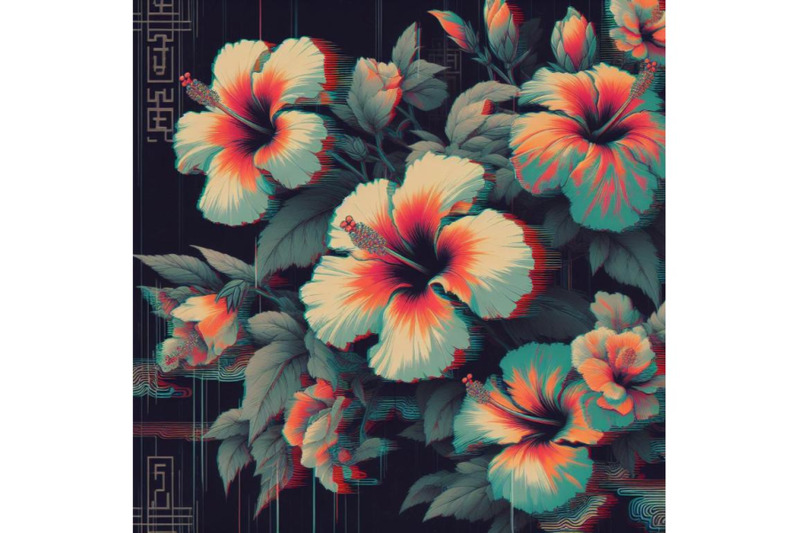 4-set-of-illustration-hibiscus-in-glitch-art-style-on-dark-background