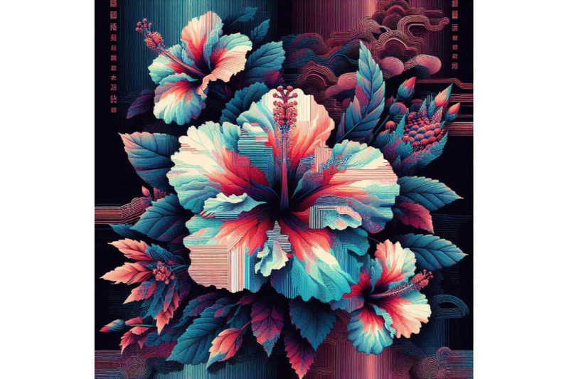 4-set-of-illustration-hibiscus-in-glitch-art-style-on-dark-background