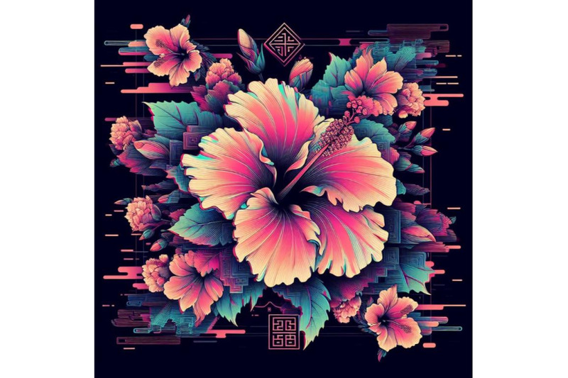 4-set-of-illustration-hibiscus-in-glitch-art-style-on-dark-background