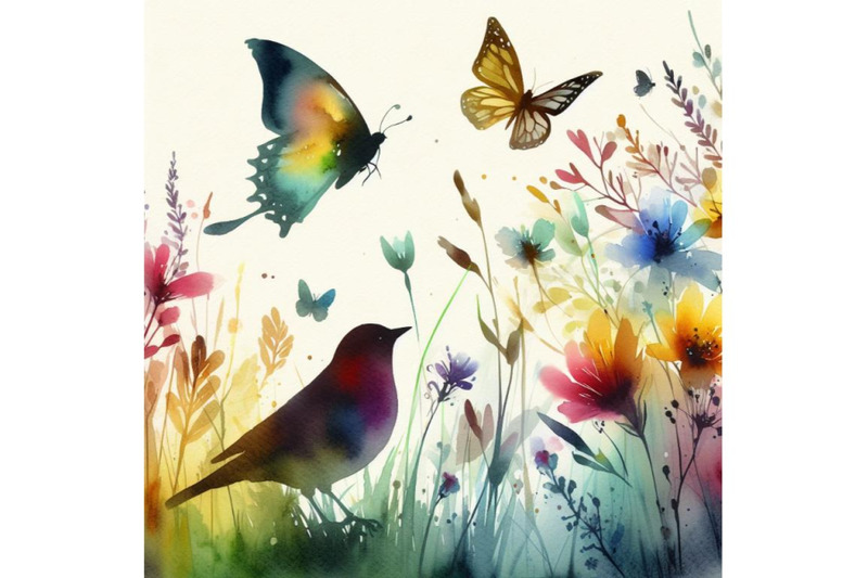 4-watercolor-colorful-bird-and-butterfly-with-grass-and-flowers