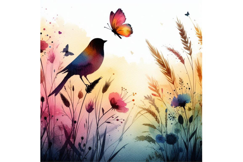 4-watercolor-colorful-bird-and-butterfly-with-grass-and-flowers