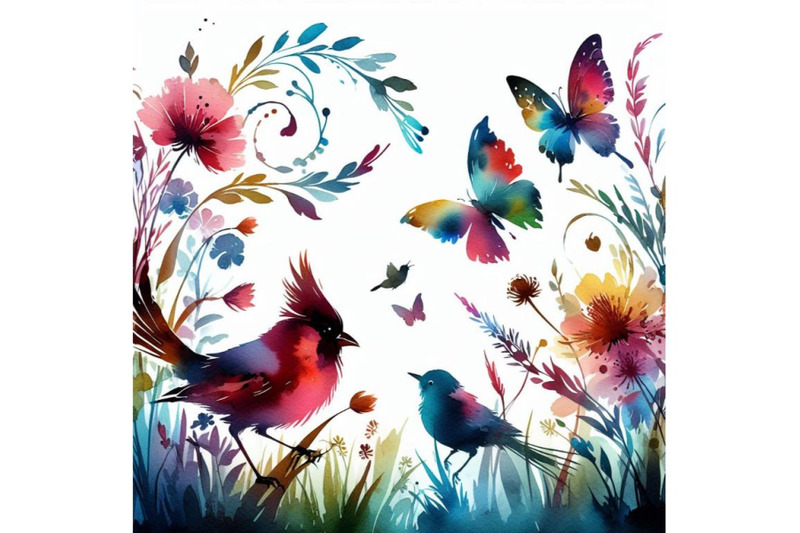 4-watercolor-colorful-bird-and-butterfly-with-grass-and-flowers