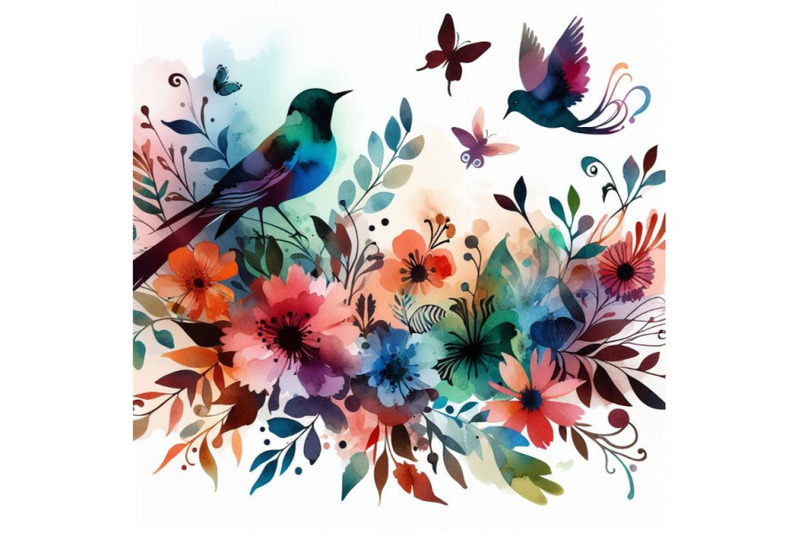 4-watercolor-colorful-birds-and-butterfly-with-leaves-and-flowers