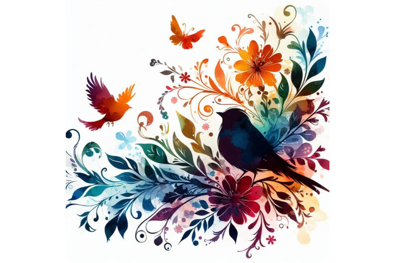 4-watercolor-colorful-birds-and-butterfly-with-leaves-and-flowers