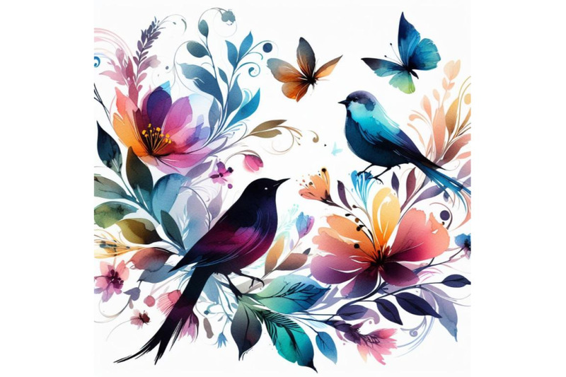 4-watercolor-colorful-birds-and-butterfly-with-leaves-and-flowers