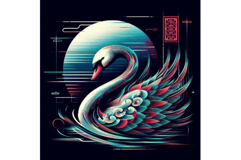 4-set-of-illustration-swan-in-glitch-art-style-on-dark-background