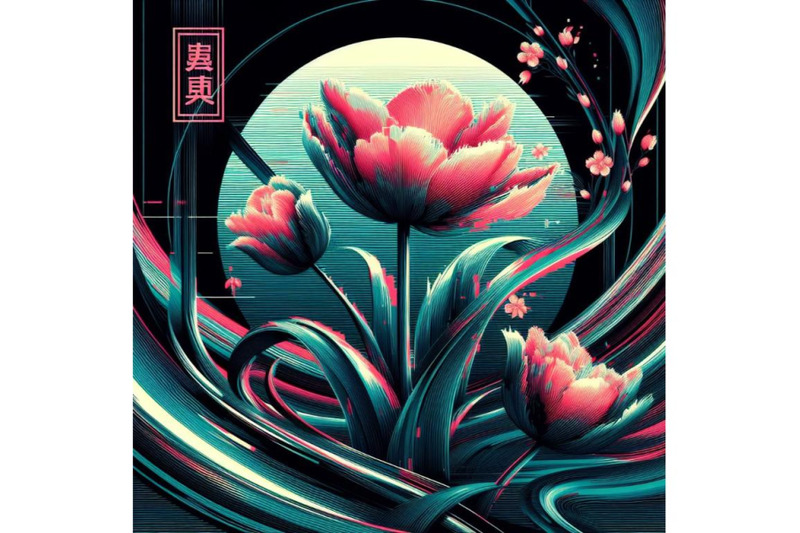 4-set-of-illustration-tulip-in-glitch-art-style-on-dark-background