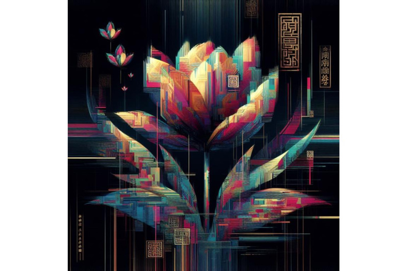 4-set-of-illustration-tulip-in-glitch-art-style-on-dark-background