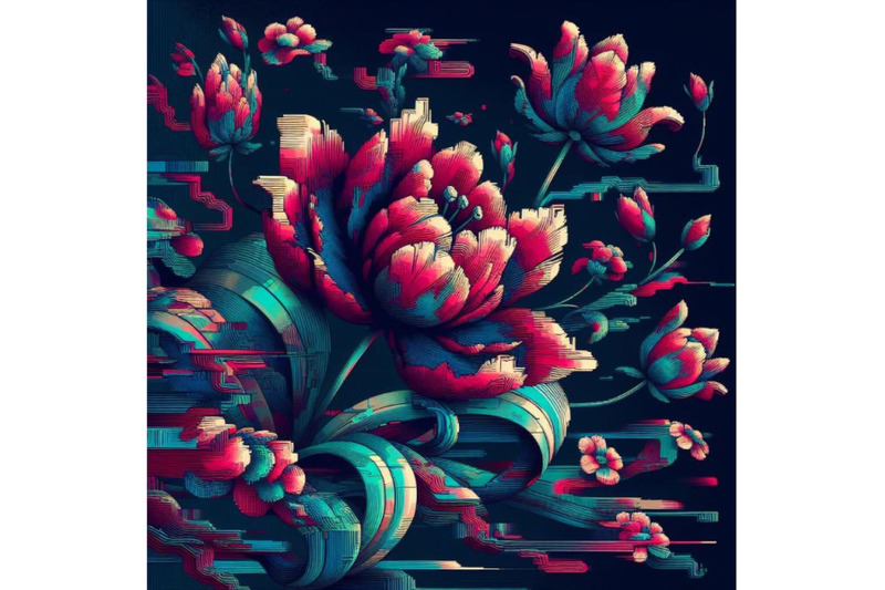 4-set-of-illustration-tulip-in-glitch-art-style-on-dark-background